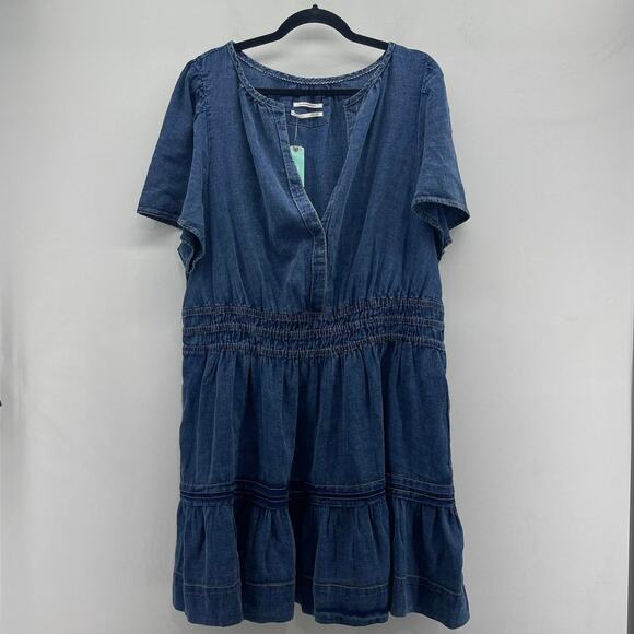 By Anthropologie Somerset Mini Dress Womens 1X Dark Blue Denim Tiered Ruffle - Picture 1 of 9